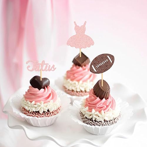 Miniatura 5 de Ercadio Paquete de 24 adornos para cupcakes de rugby o TuTu con purpurina de fútbol americano para cupcakes para niños o niñas, decoración de rugby