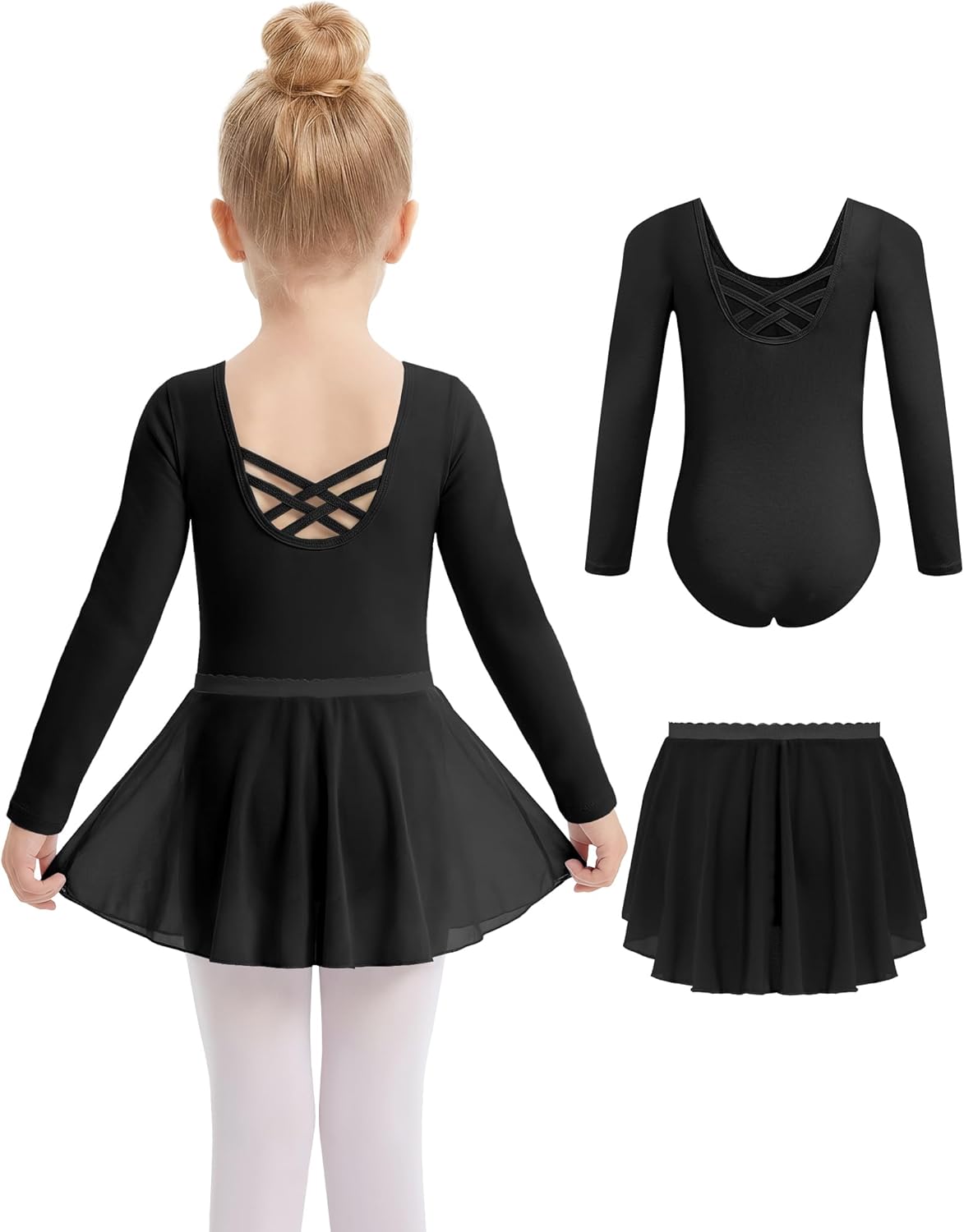 Gogokids 2PCS Long Sleeve Dance Leotards with Removable Skirt, Toddler Dance Dress for Ballet Class & Performance 3-11Years