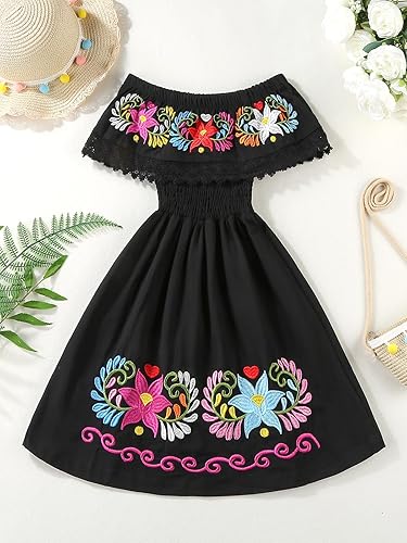 Miniatura 7 de Vestido mexicano para niñas, vestidos tradicionales mexicanos con bordado del Cinco de Mayo para niños pequeños