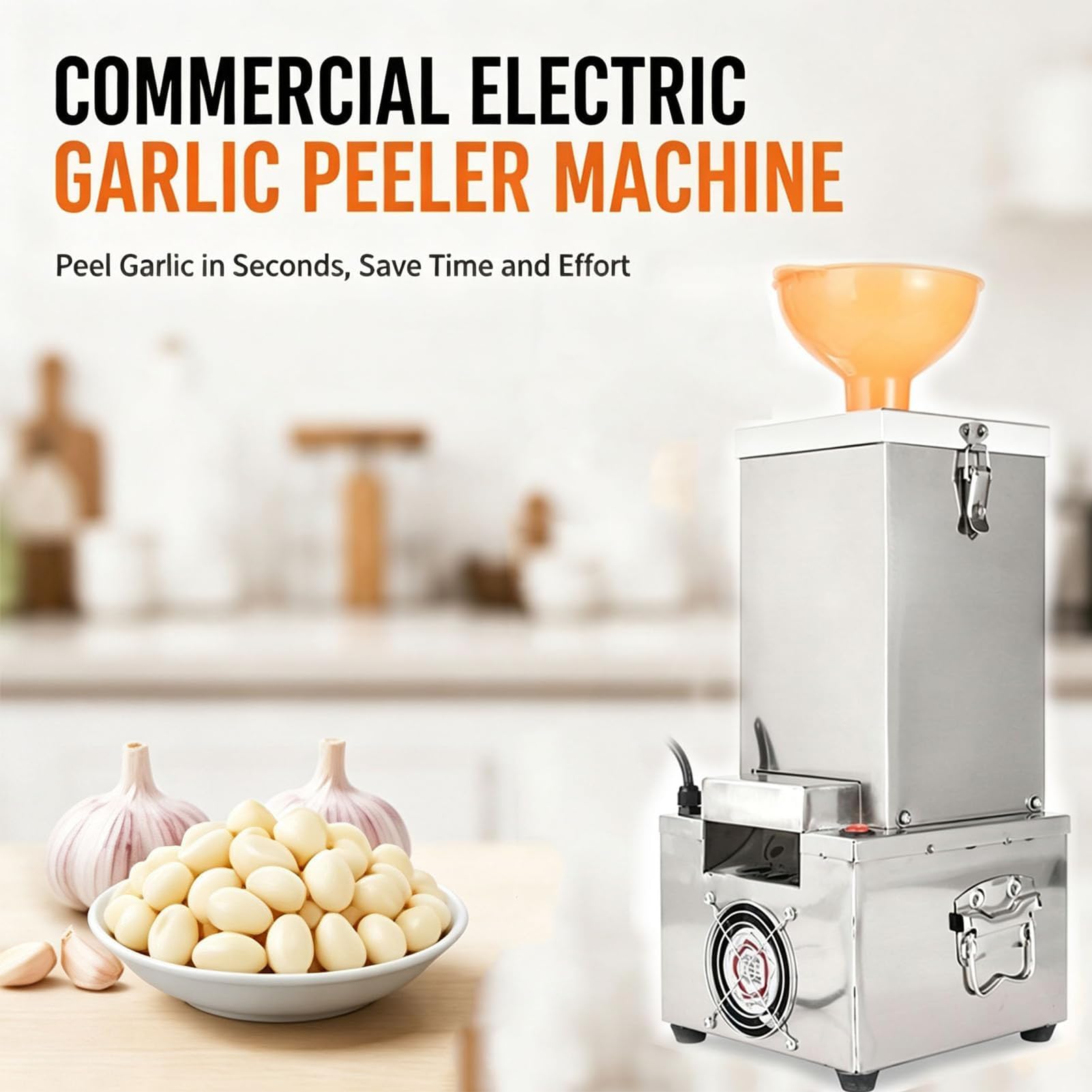 Komercyjna elektryczna obieraczka do czosnku ze stali nierdzewnej | Silnik 200 W, zbiornik 14 cm, prędkość obierania 25 kg/h, obieranie na sucho, dla restauracji, hoteli, sklepów z grillem