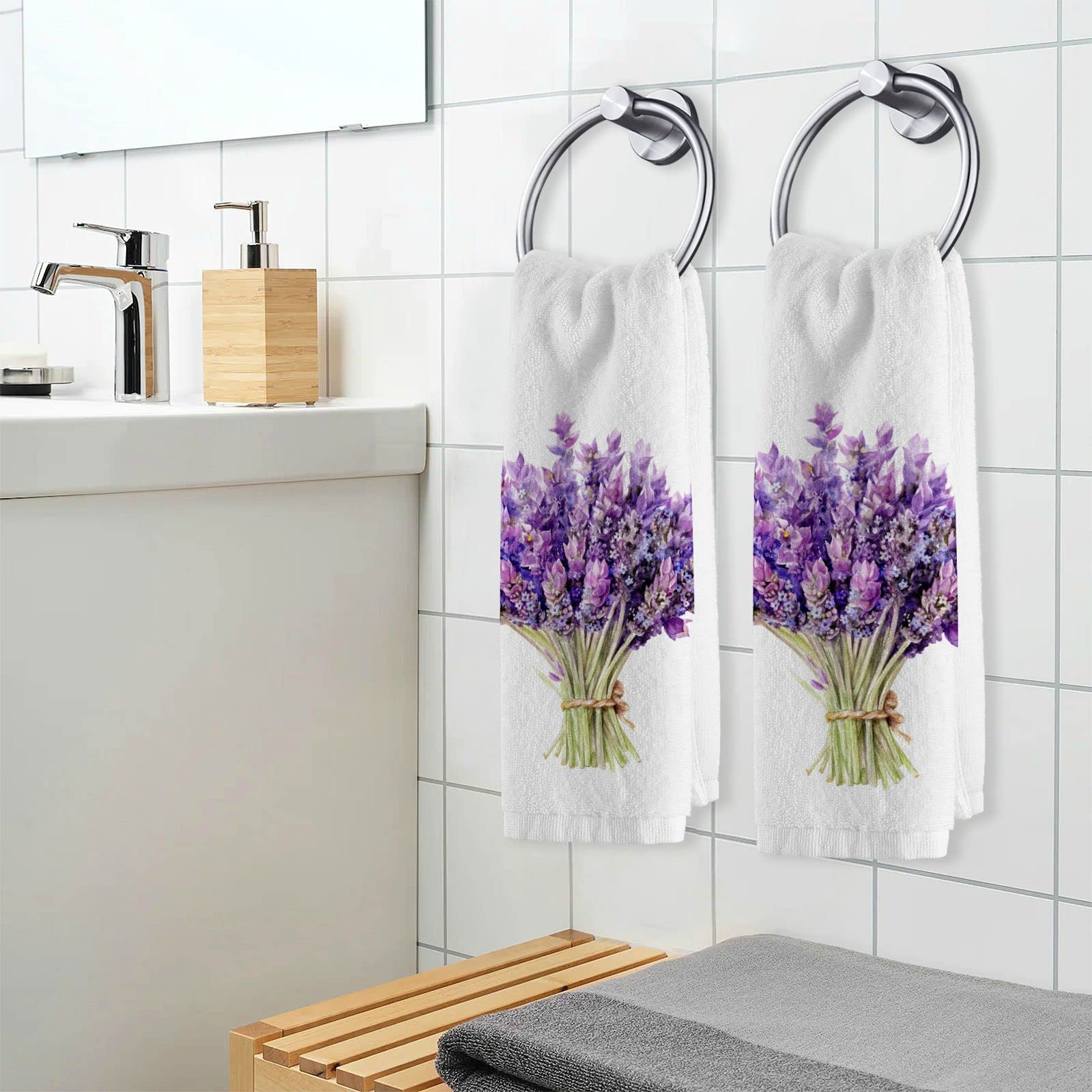 ALAZA Purple Lavender Bouquet Bathroom Hand Towels Set of 2 Soft 100 Percent Cotton Towel Luxury Decorative Bath Towels Highly Absorbent Face Towel 16