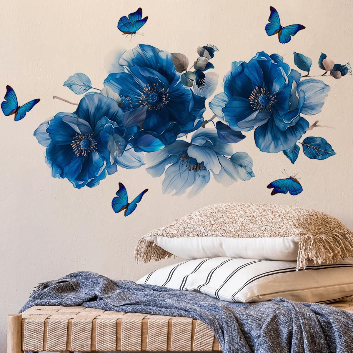 Stampa Su Tela Fiori E Farfalle, Quadro Moderno Con Farfalle Blu E Citazioni, Decorazione Parete Per Soggiorno E Camera