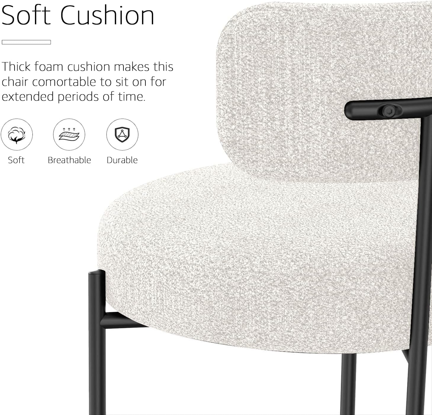 Set of 2 White Boucle Upholstered Dining Chairs with Metal Legs