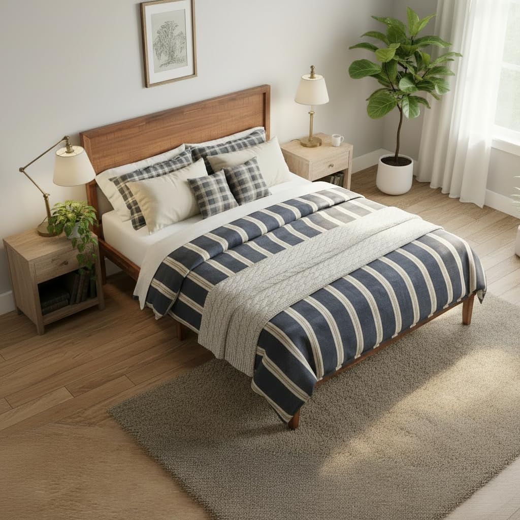 KOMFOTT Queen Wood Bed Frame with Headboard, Acacia Wood Platform Bed Frame with Under-Bed Storage Space, No Box Spring Needed Wood Bed