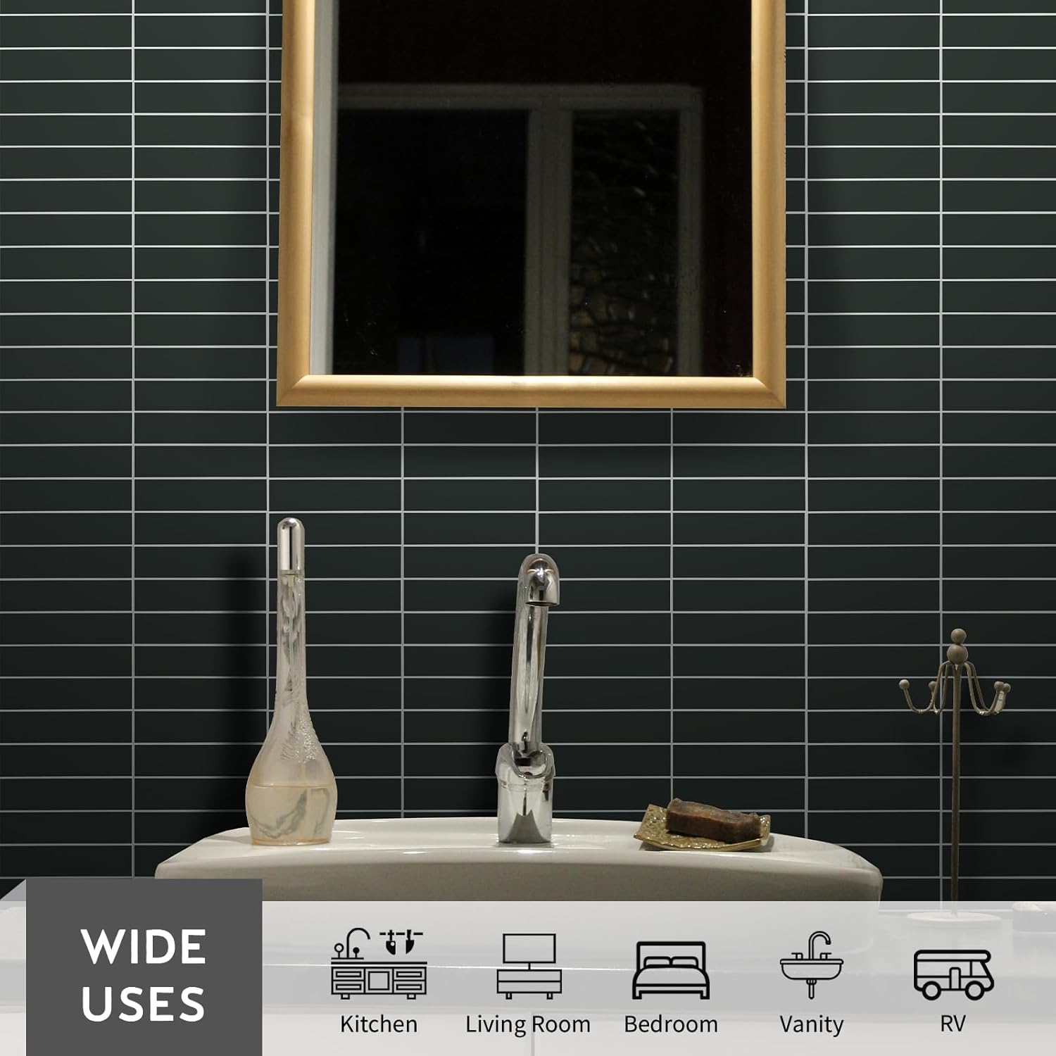 HOMEART Dark Green Peel and Stick Backsplash, 6-Sheet Self Adhesive Stacked Linear Matte Faux Ceramic Wall Tiles for Kitchen Bathroom (12"x12")