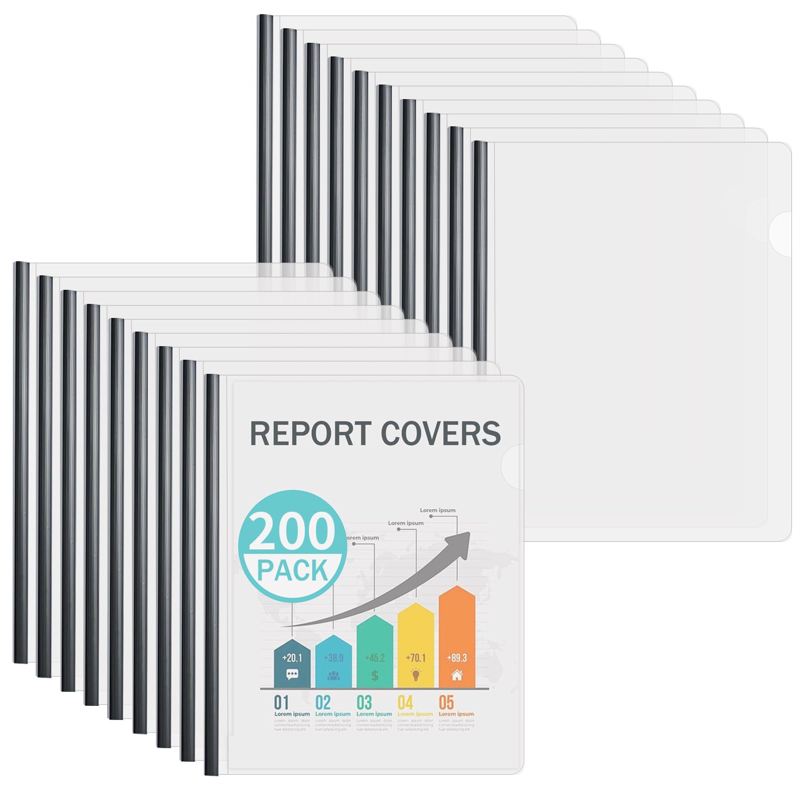 Binditek Clear Report Covers with Sliding Bars, 70 Sheet Capacity, 200 Pack