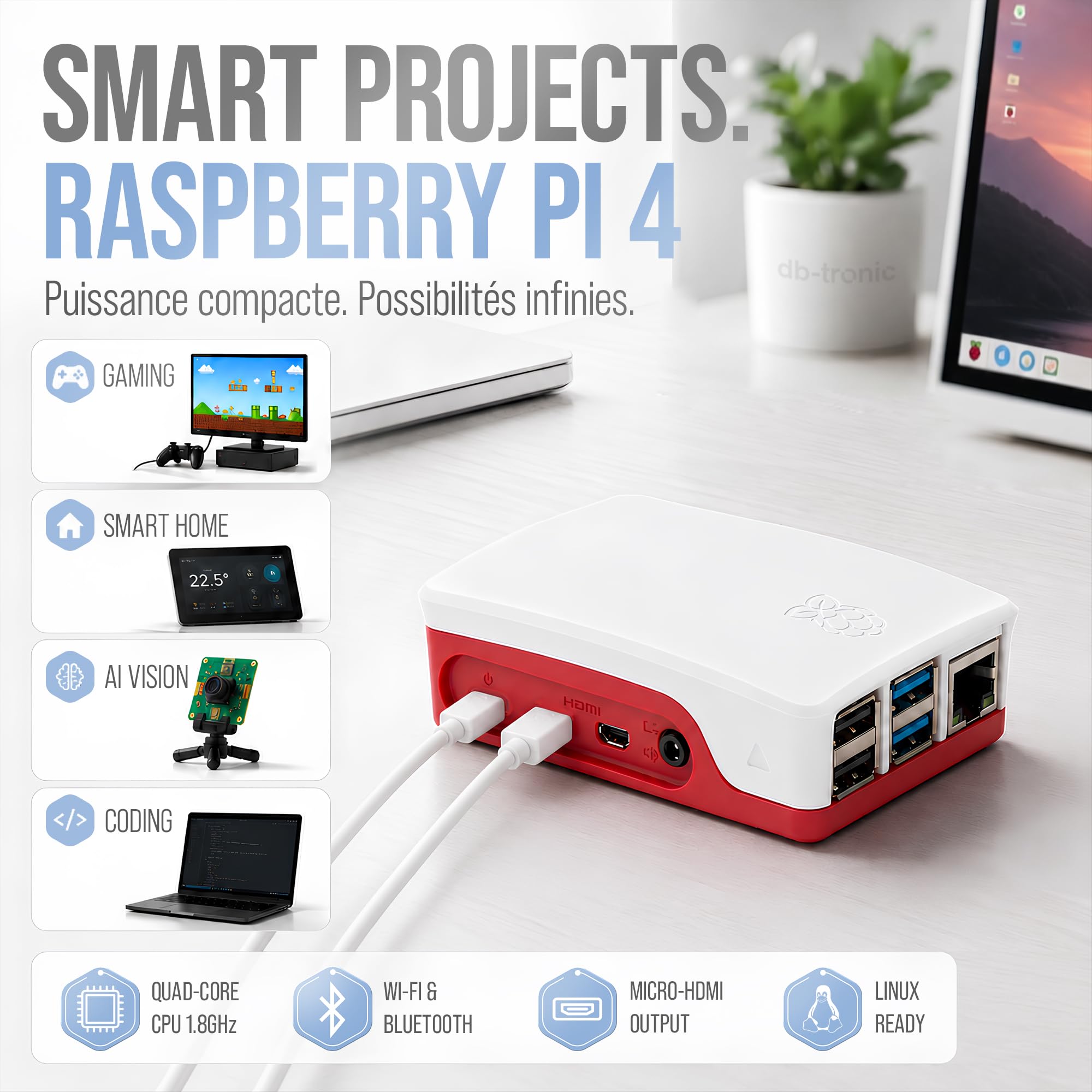 db-tronic Raspberry Pi 4 4 Go Starter Kit | Édition 64 Go | Alimentation 15 W | Boîtier | Micro HDMI 4K | Dissipateurs | idéal pour Home Assistant et Le Smart Home
