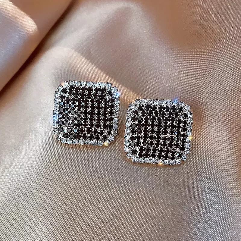 Orecchini a Bottone con Strass e zirconi cubici Neri Quadrati Quadrati in Argento Sterling per Donna Stile Femminile