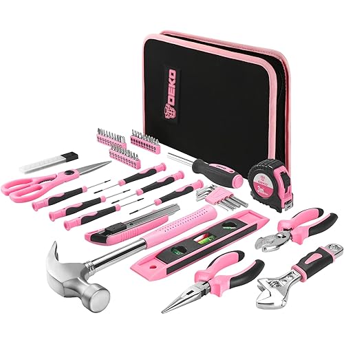 DEKO Pink Tool Set 110 Piece Household Tool Kit,Ladies Portable Tool Set with Easy Carrying Pouch, Perfect for DIY Projects, Home Maintenance