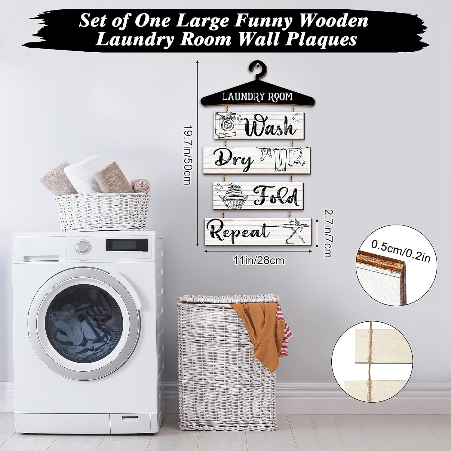 Blulu 5 Pieces Laundry Room Wall Sign Rustic Laundry Room Rules Hanging Sign Wooden Wash Dry Fold Repeat Laundry Plaque Vintage Farmhouse Laundry Rules Wall Decor 19.7 x 11 Inch (White Backing)