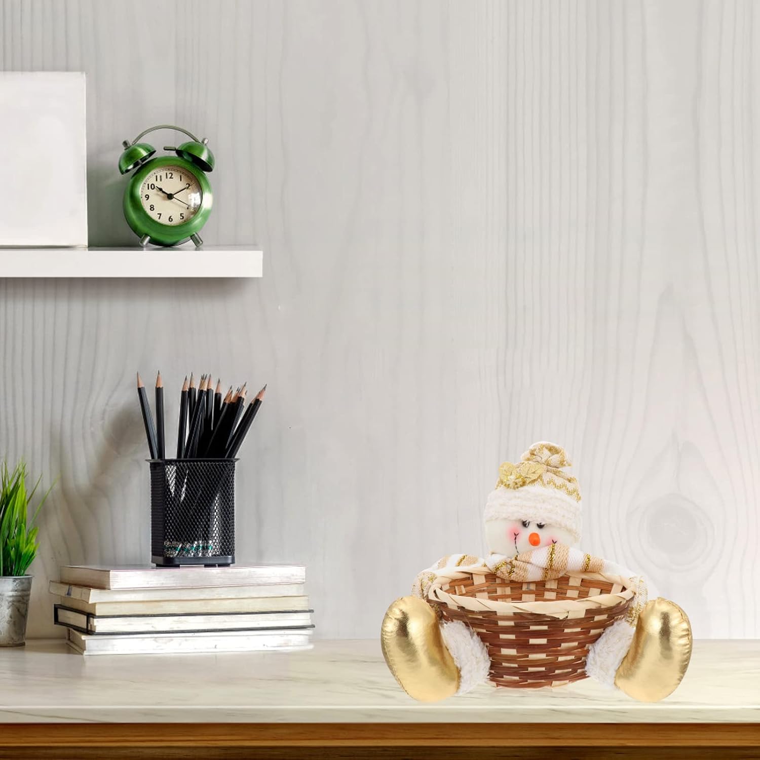 SHOWERORO Xmas Snowman Candy Basket Bamboo Storage Desktop Decor