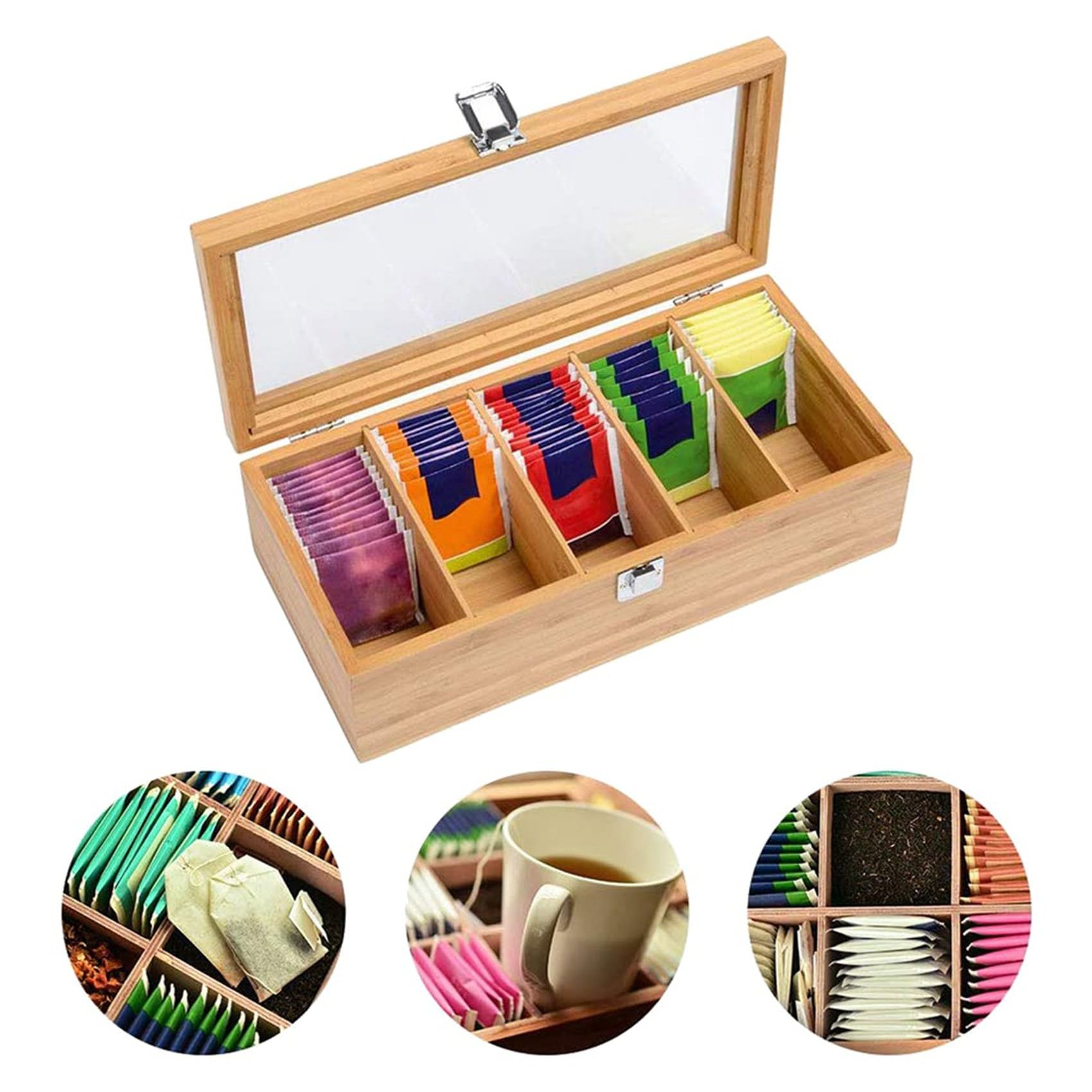 3X de Bambú Multifuncional Bolsa de Té Organizador de Joyas Caja de Almacenamiento 5 Compartimentos Caja de Té Organizador Contenedor de AzúCar