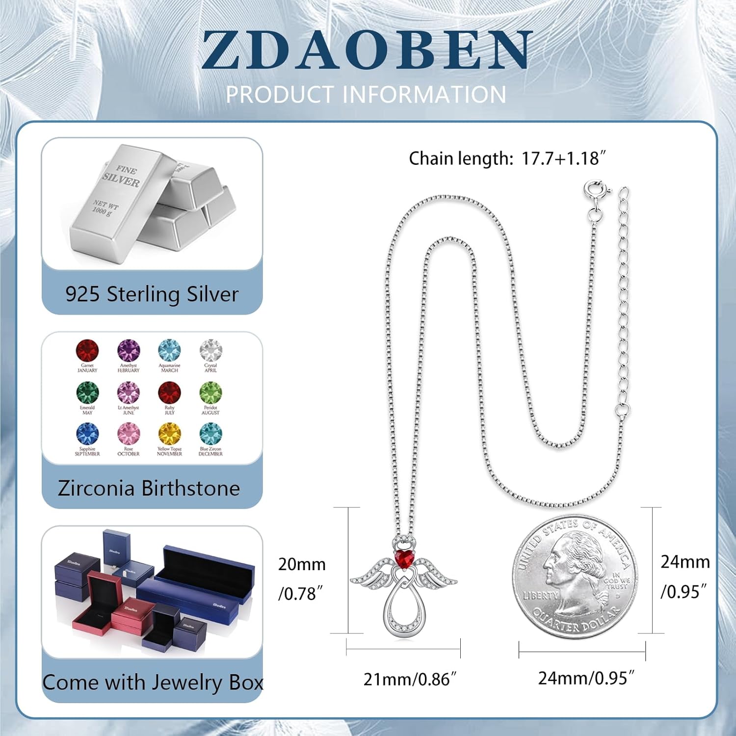 925 Sterling Silver Guardian Angel Pendant Necklace for Women with Birthstone Cubic Zirconia Little Angel Pendant Necklace Jewelry 18 inch Chain - Image 5