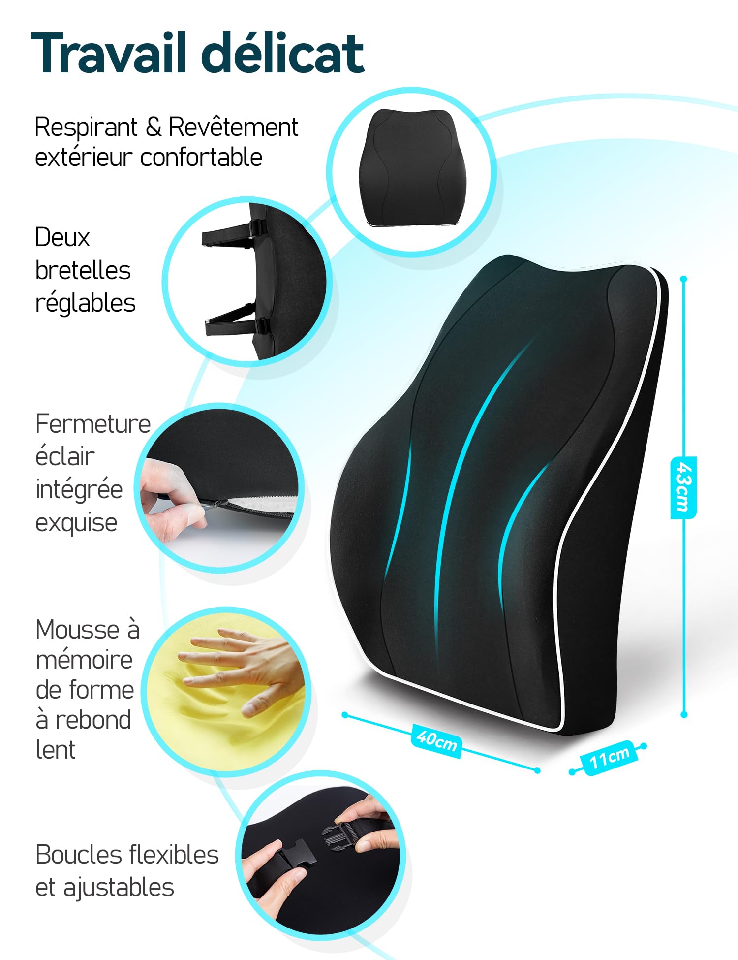 Travel Ease Coussin de Soutien Lombaire Ergonomique, Support Dorsal en Mousse à Mémoire pour Siège de Voiture Chaise de Bureau, Dossier avec Revêtement Antistatique et Double Sangles Réglables, Noir