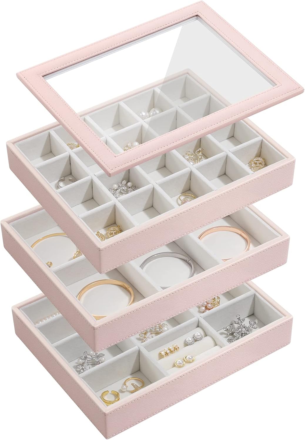 Emibele Stackable Jewellery Organizer Trays with Glass Lid, Set of 3