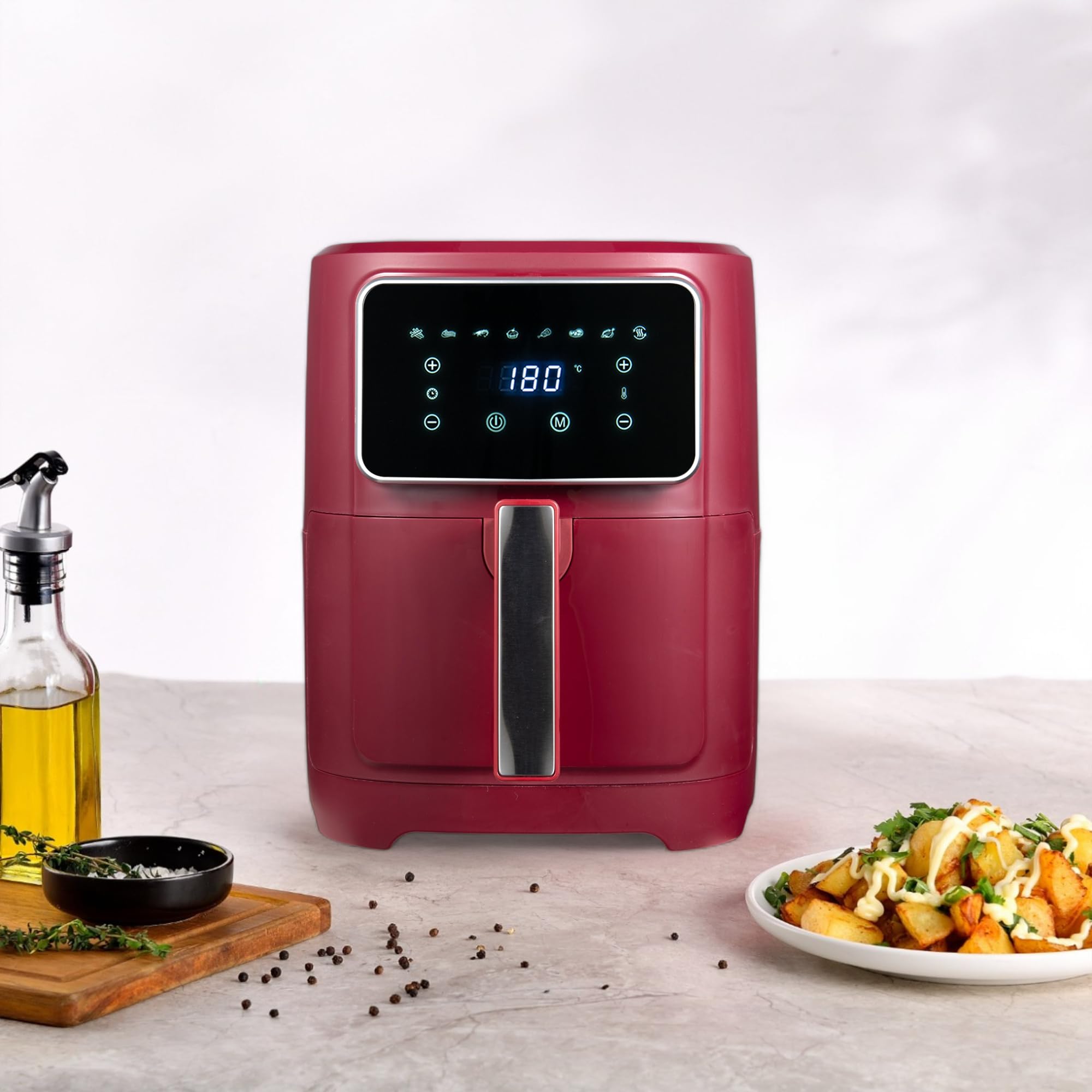 BERGNER MAROON - Friggitrice ad aria 1800W 6,9L - 8 programmi di cottura - Timer fino a 30 min - Controllo temperatura 80-200°C - Rivestimento Ceratech - Finitura opaca - Con cestello grill