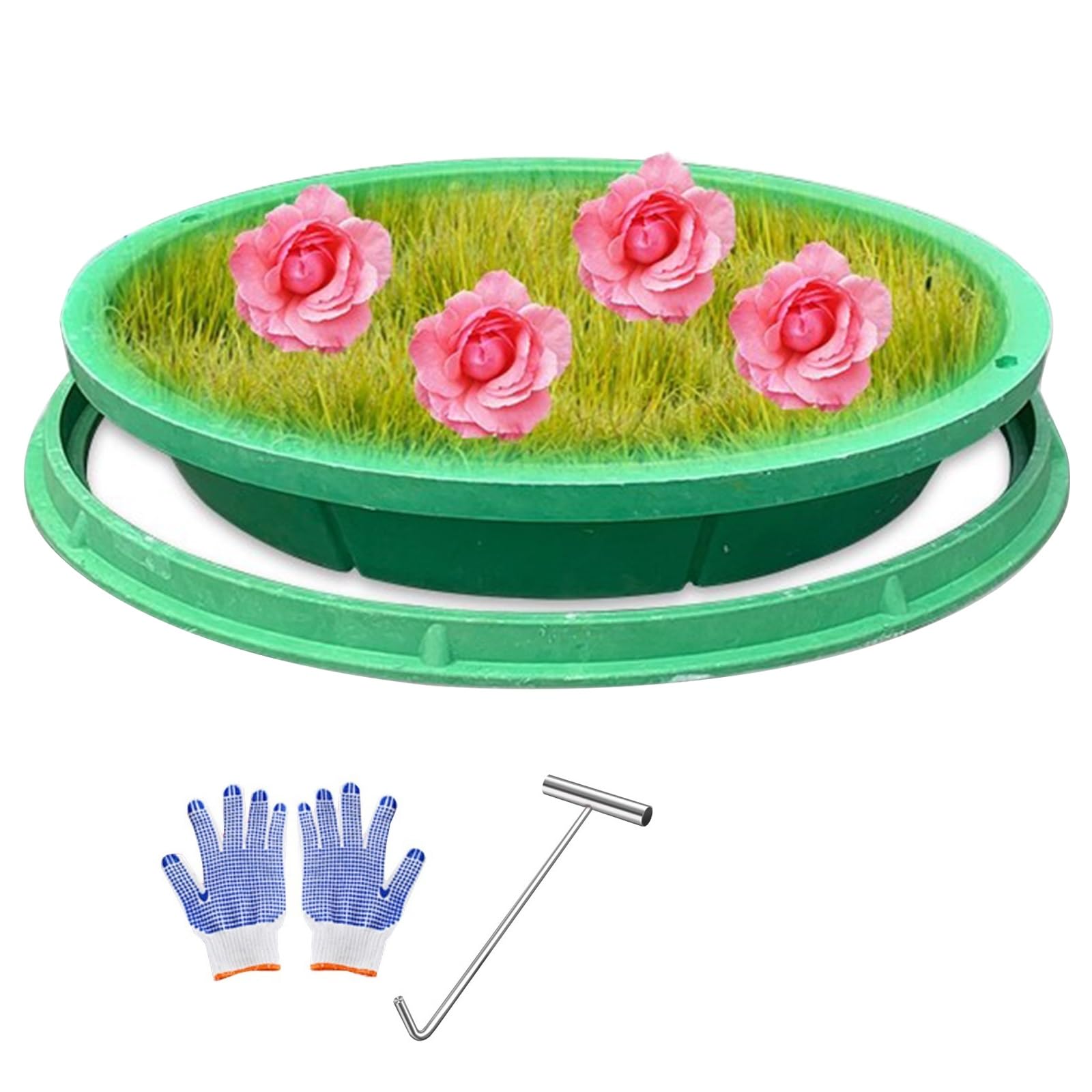 JYHHCYS Cubierta y Marco de Boca Tapas Y De Registro Verdes Empotrados, Tapas De Inspección De Aguas Residuales para Césped Exterior, Maceta para Plantar Césped En Jardines(Diameter 15.7''/400mm)