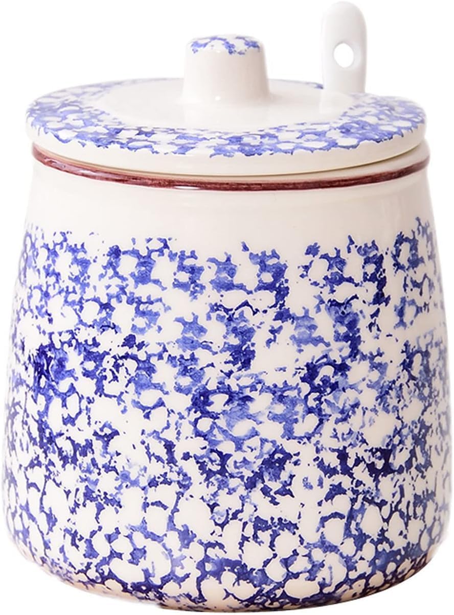 Sugar bowlBlue Flower Pattern Sugar Bowl with Lid and Spoon 430ml,Blue2-One Size