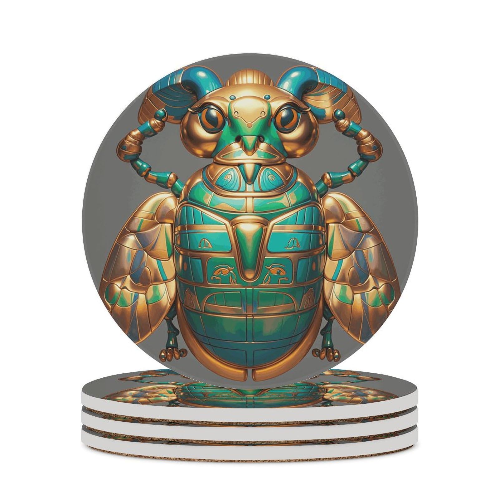 Round Coasters Set of 4 Egyptian Scarabs Printed Ceramic Coasters with Cork Base Drink Coasters for Tabletop Protection Coffee Table Decor Ideal for Home Decor House