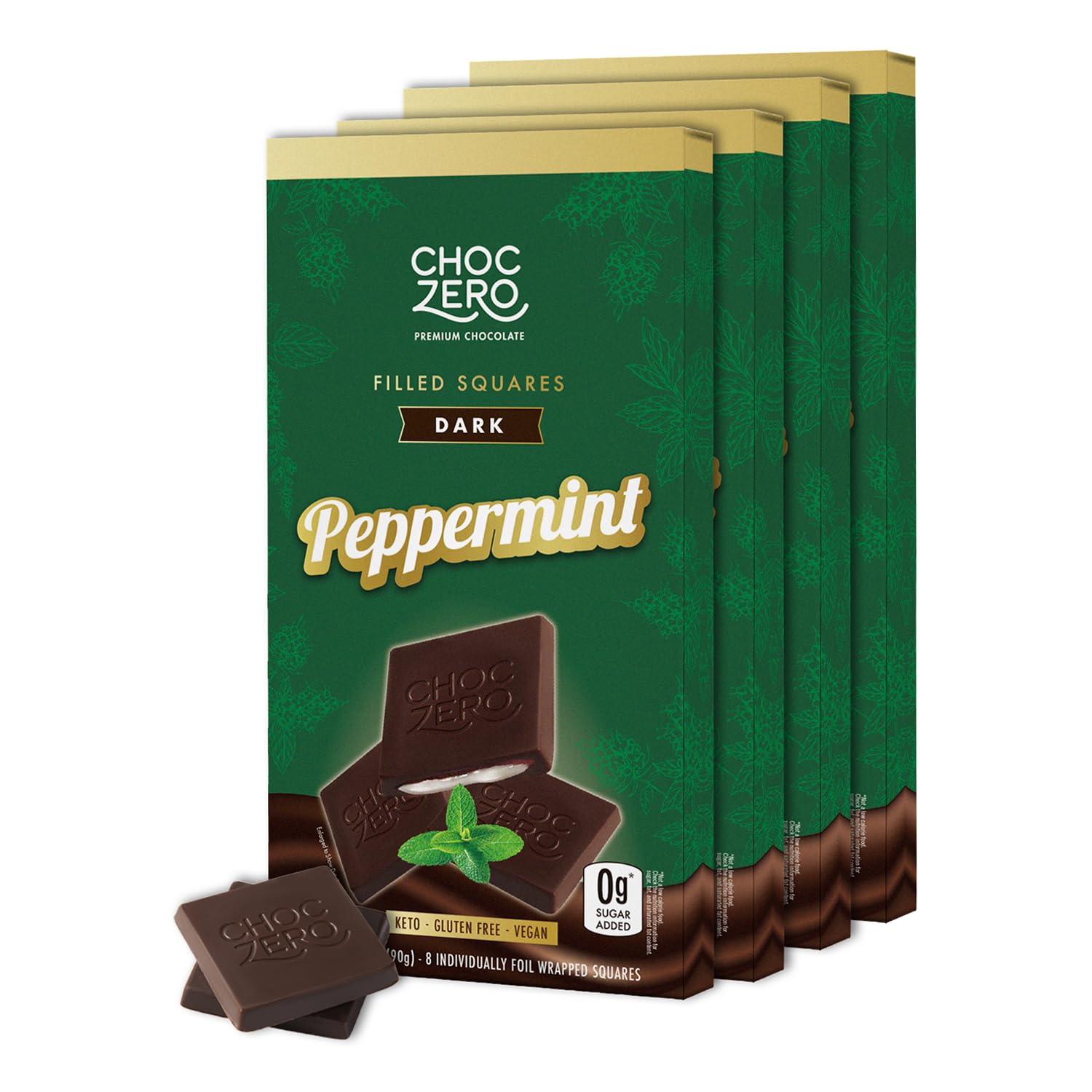 ChocZero Vegan Peppermint Patties Squares, Peppermint Creme Filled Dark Chocolate, Dairy Free, Sugar Free, Gluten Free, 3.2 Ounce (Pack of 4)