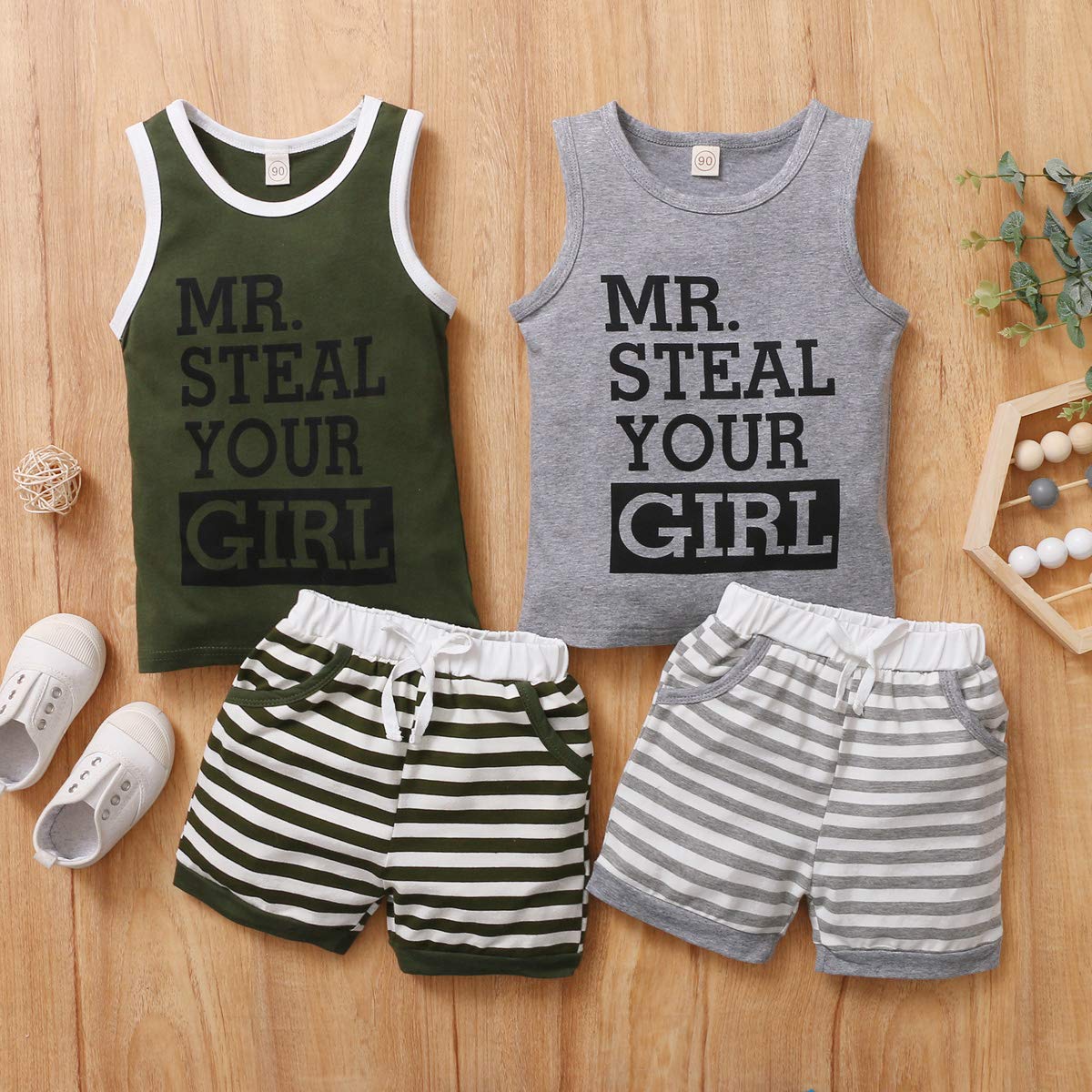 Summer Infant Baby Boy Clothes Set Striped Outfit Sleeveless Cotton Letter Tops+Elastic Shorts 2PCS (Sleeveless Army Green, 0-6 Months)