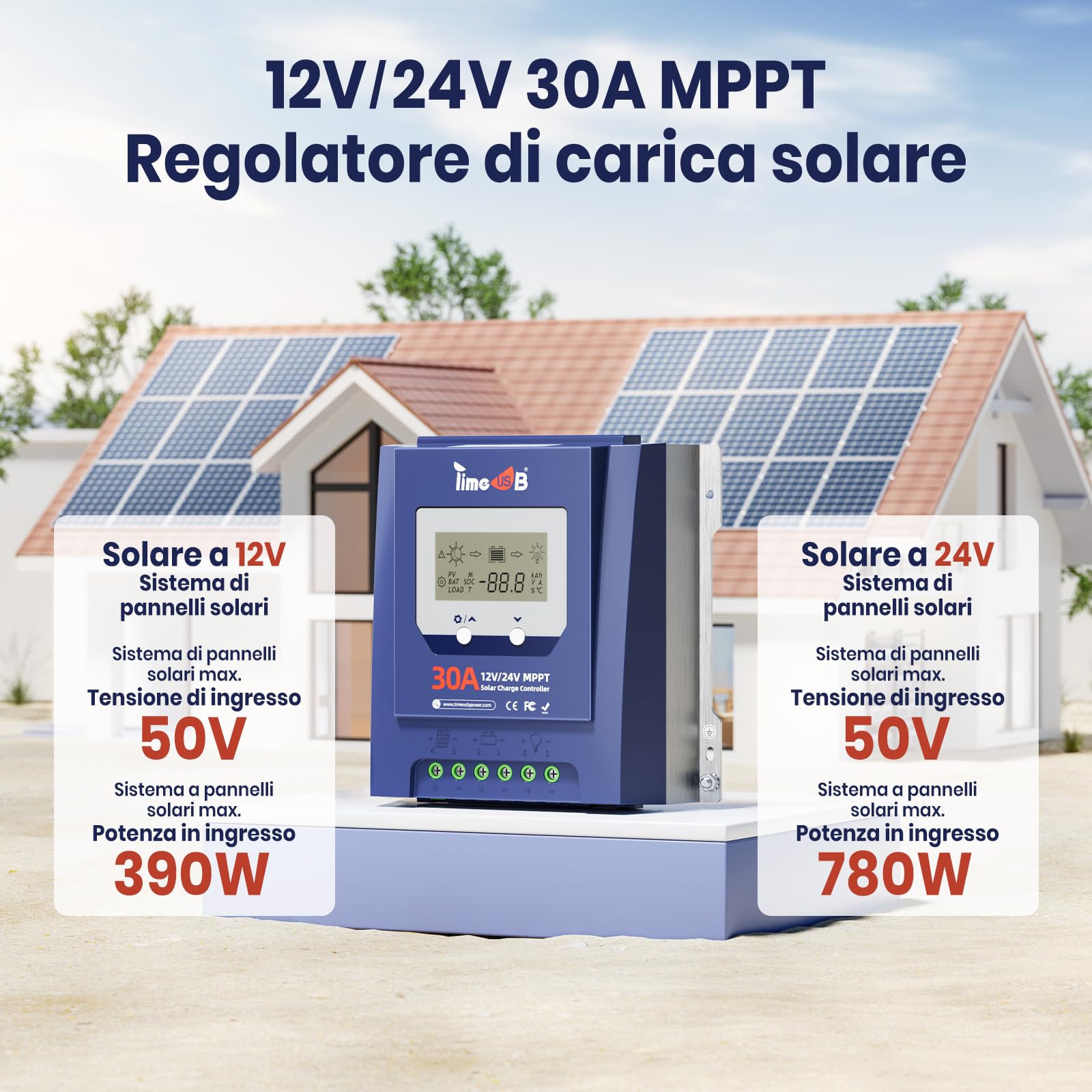 Timeusb 12/24V 30A MPPT Regolatore di Carica Solare,Riconoscimento Automatico,Tasso di Inseguimento Effettivo del 99%, Regolatore di Carica con Schermo LCD per Batterie al Litio e al Piombo-Acido