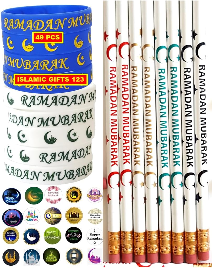 Ramadan Mubarak 49 Pcs-Pencils-Wristbands Stickers(200) Kids Favorite Eid Favors Arabic Novelty Moroccan Egyptian Lantern Stickers Islamic Muslim Quran Gifts (Ramadan)