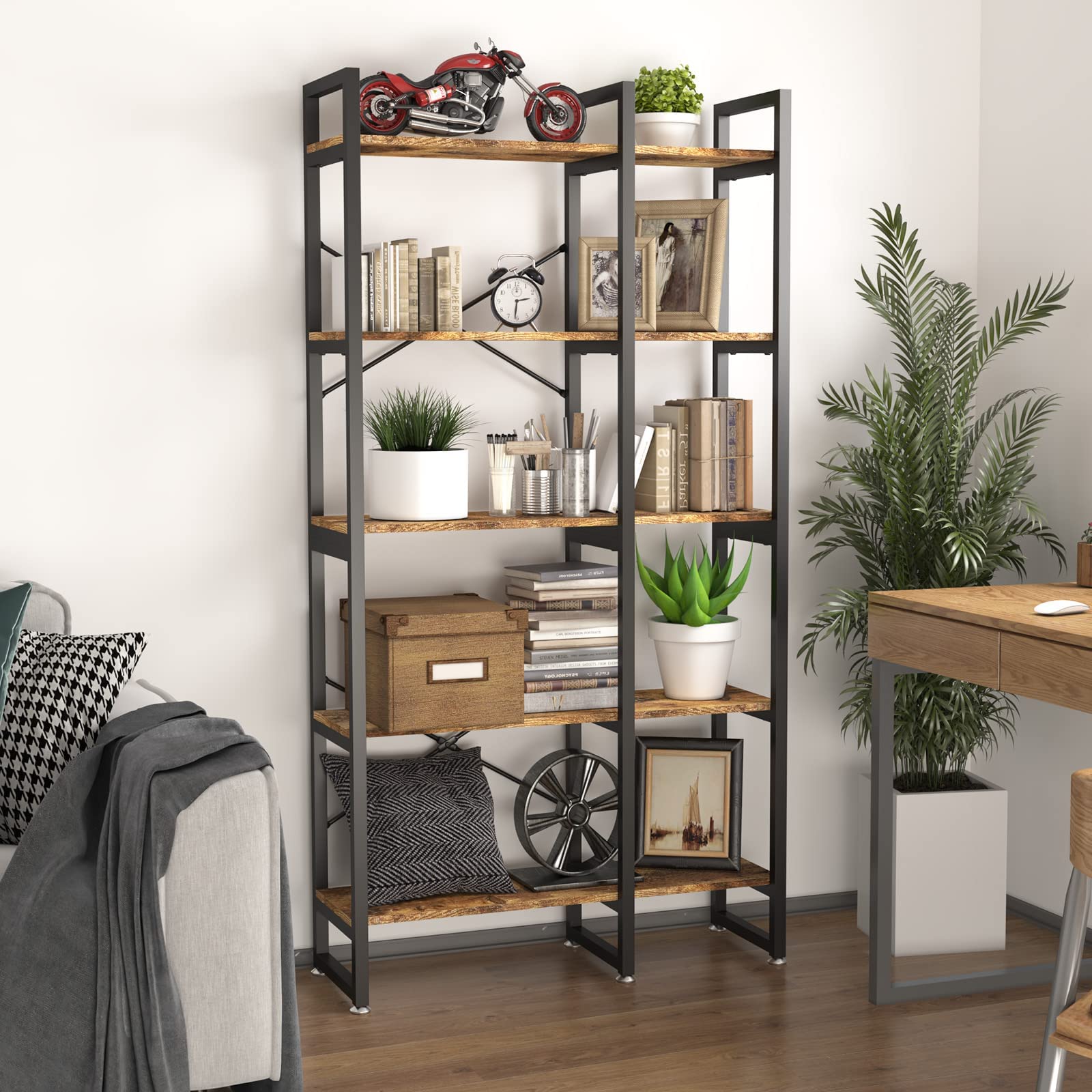 Buy Easyzon 5 Tier Bookshelf and Bookcase, Rustic Industrial Bookshelf, Large Etagere Bookshelf