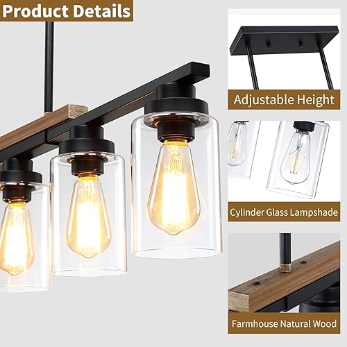 Miniatura 5 de Lámpara de comedor sobre mesa, iluminación de isla de cocina de 4 luces, modernos candelabros de madera para comedor con altura ajustable, luces