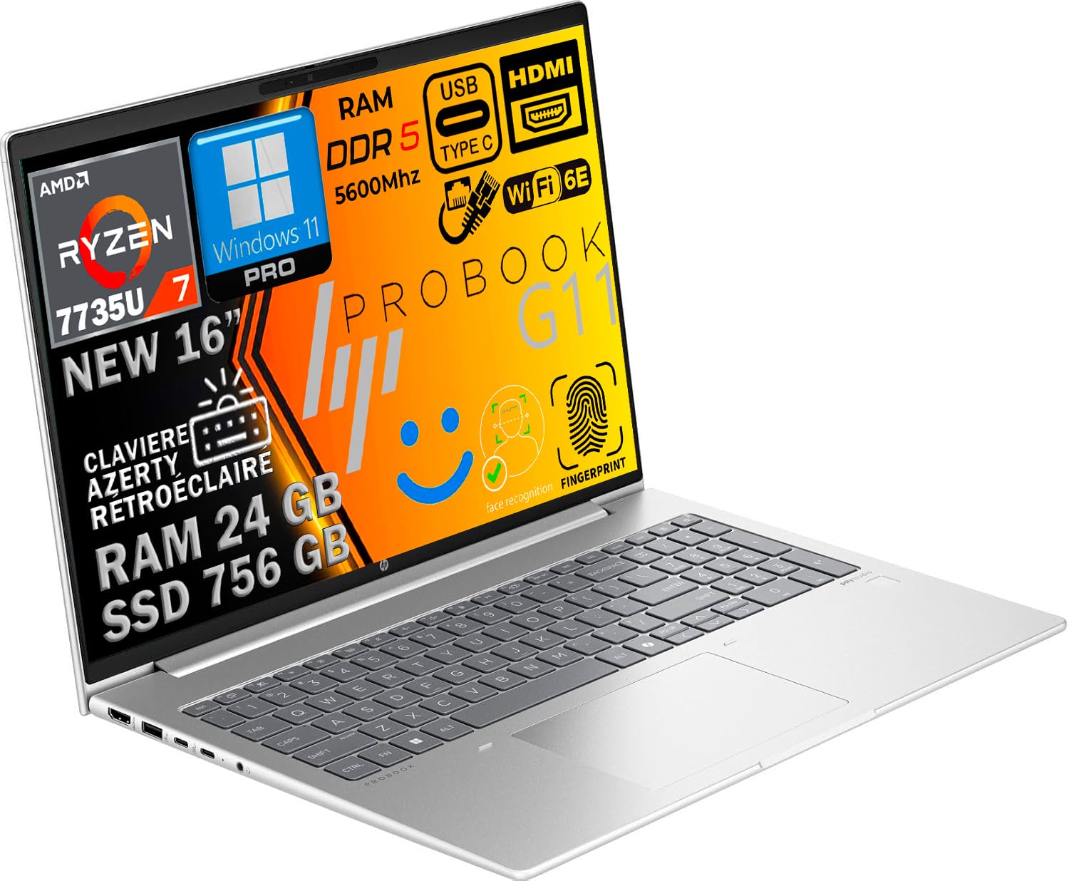 HP ProBook 465 G11 Ordinateur Portable Ryzen 7 7735U, RAM 24Go DDR5, SSD 756Go, Écran 16" FHD, Caméra 5MP, WiFi 6E, Thunderbolt, Empreinte Digitale, Clavier AZERTY Rétroéclairé, Aluminium, Win 11 Pro