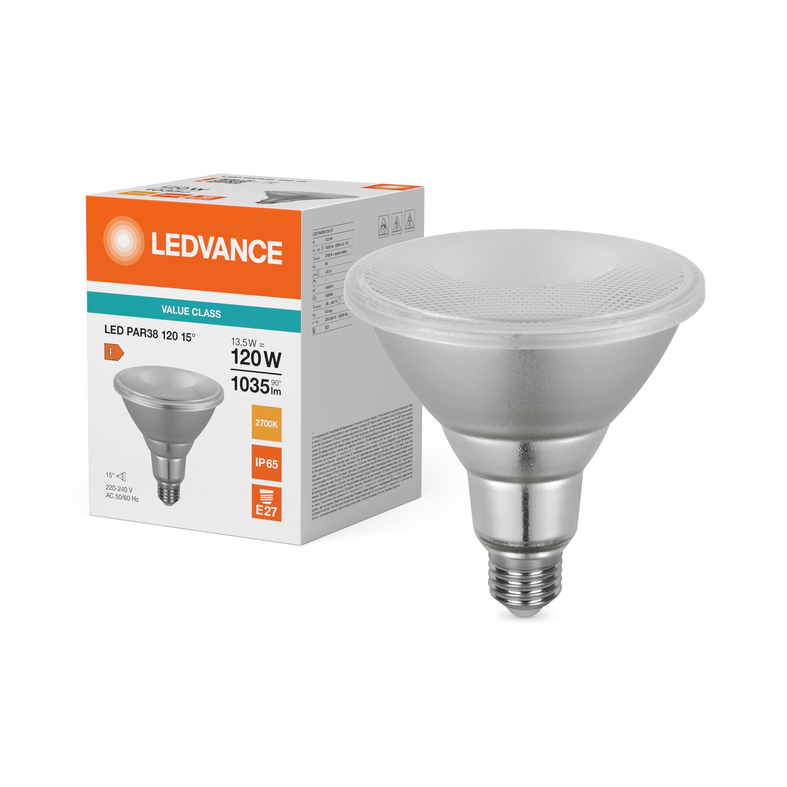 LEDVANCE 6x LED PAR38 Lampe, 13.5W, 2700K Warmweiß, 1035lm, E27 Sockel, IP65, Nicht Dimmbar 6er SPARPACK