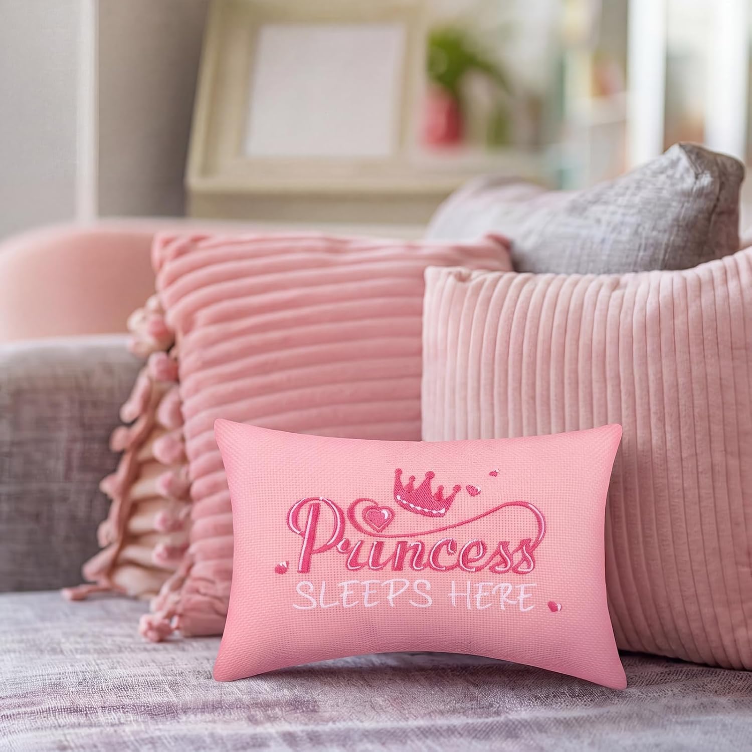 Yousoontic Mini Pink Princess Theme Pillow Sleeps Here Embroidered Accent Pillow 9" x 6" Decor Pink Soft Embroidered Novelty Throw Cushion for Bedroom Sofa Chair Decoration