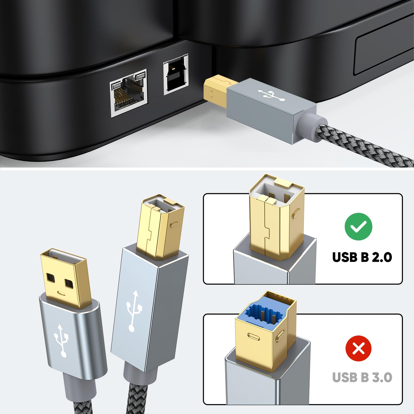 Cavo USB per stampante, confezione da 2, 1,8 m, USB 2.0, da USB A a USB B, in nylon intrecciato ad alta velocità, con punto di blocco, compatibile con HP, Canon, Epson, Brother, Samsung, Dell, Lexmark