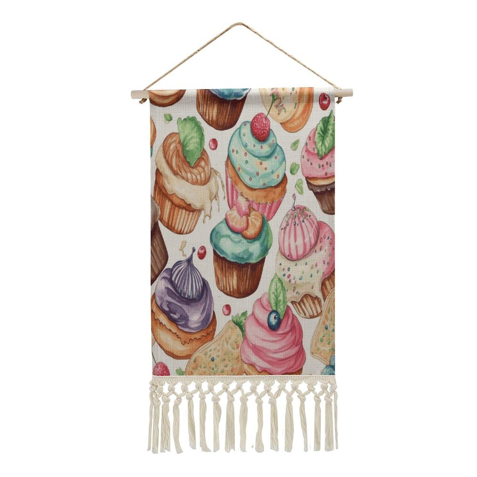 VstaDank Cupcakes Donuts Muffins Sugar Wall Art Decor with Tassels 20"x10" Cotton Linen Hanging Tapestry Decor Wall Art Prints Wood Frame Boho Wall Art Poster for Bedroom Living Room Office
