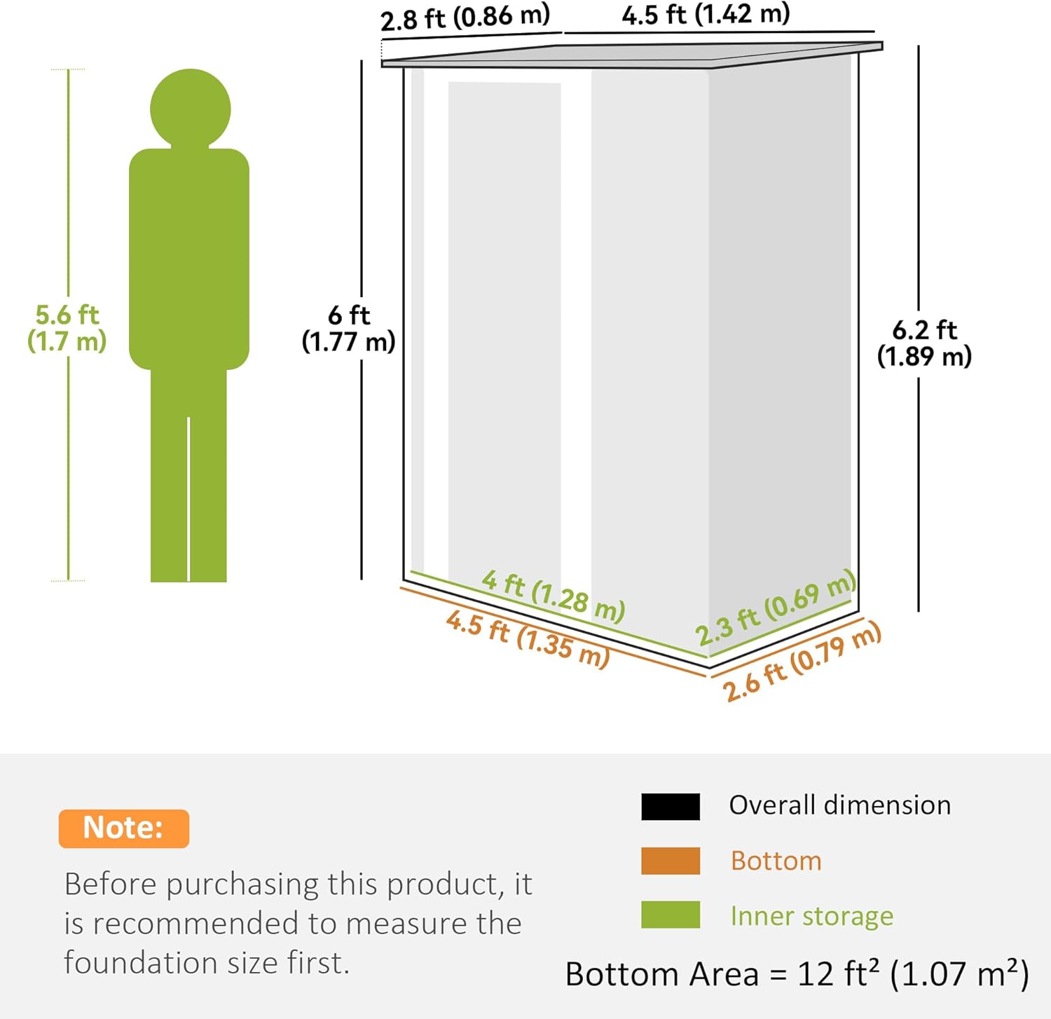 Diagram showing the overall dimensions, bottom size, and inner storage dimensions of the Outsunny 5x3 Outdoor Storage Shed.