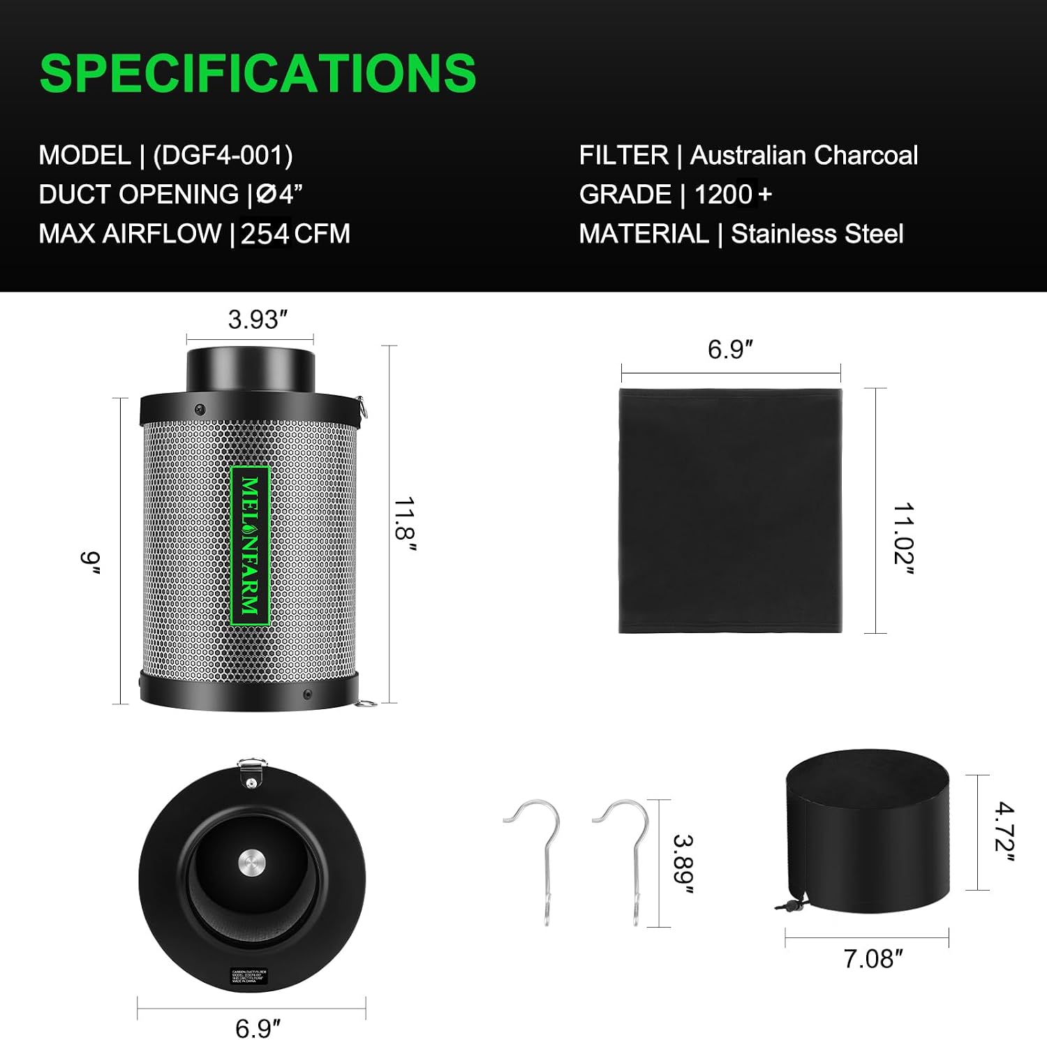 4 Inch Air Carbon Filter Smelliness Control with Australia Virgin Charcoal, Odor Removal Carbon Filter for Grow Tent, Inline Fan, Hydroponics, Pre-Filter Included, Insulated Flange 4" x 11"