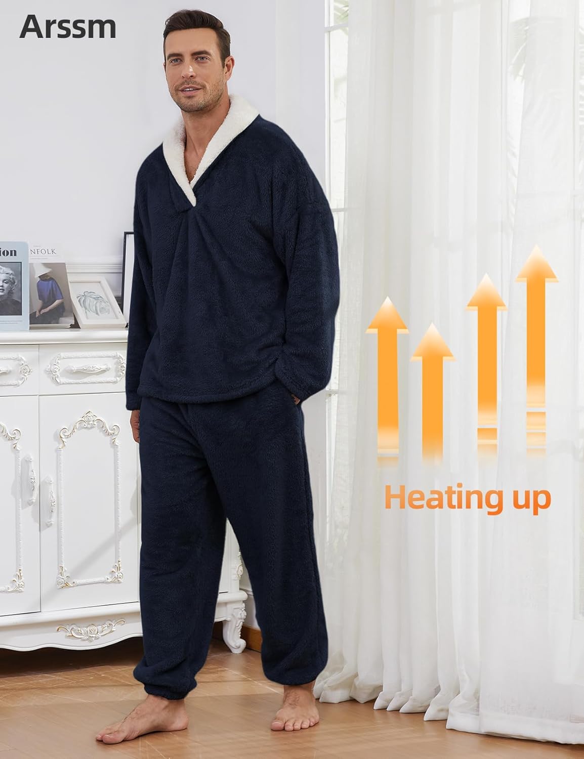 Arssm Mens Fluffy Pajamas Set 2 Piece Fleece Pjs Loose Plush Winter Warm Cozy Loungewear Sleepwear - Image 4