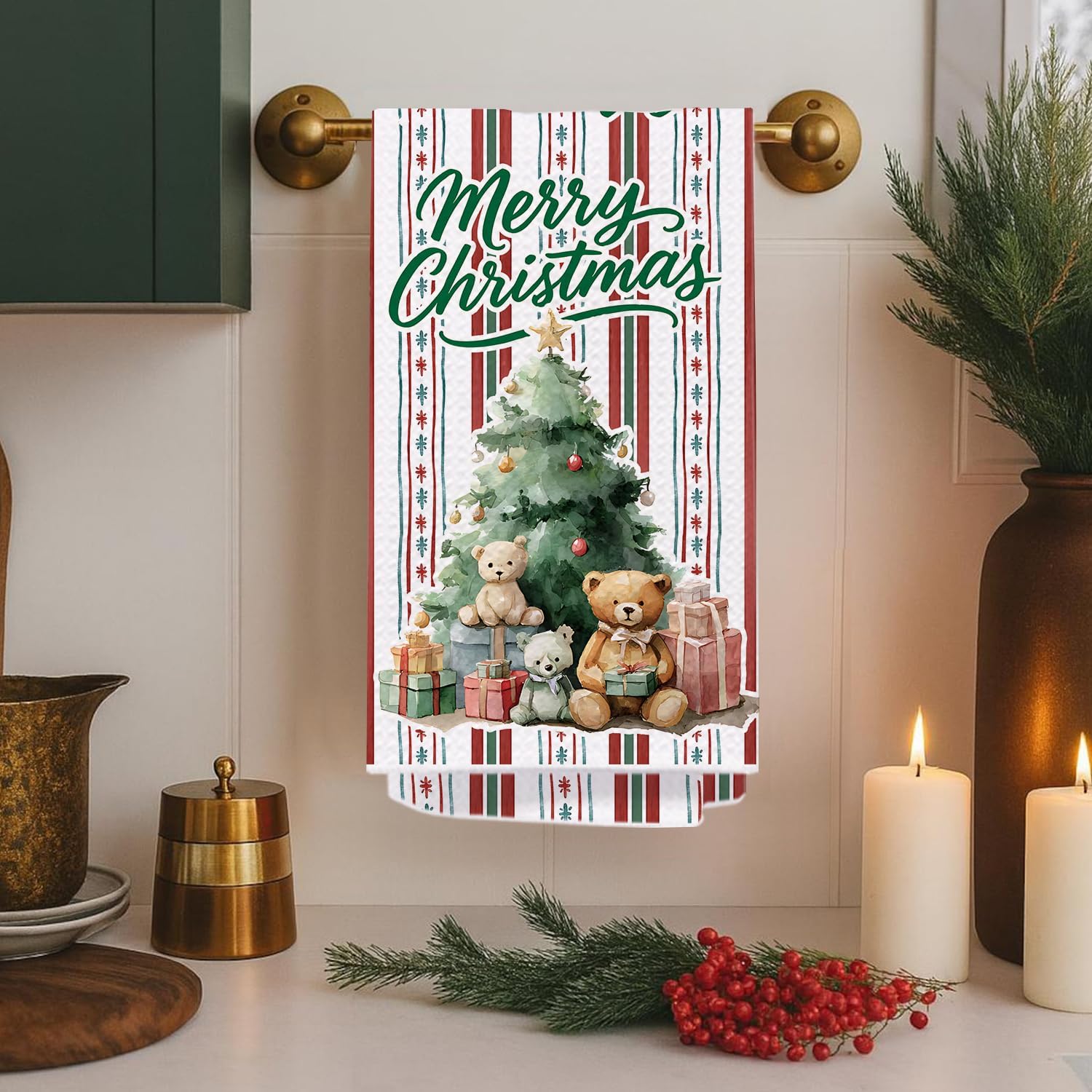 Christmas Tree Bear Kitchen Towels, Red and Green Striped Christmas Snowflakes Dish Tea Towel for Kitchen Decor, Winter Xmas Holiday Decorative Bathroom Hand Towels, 16x24 Inches - Image 2