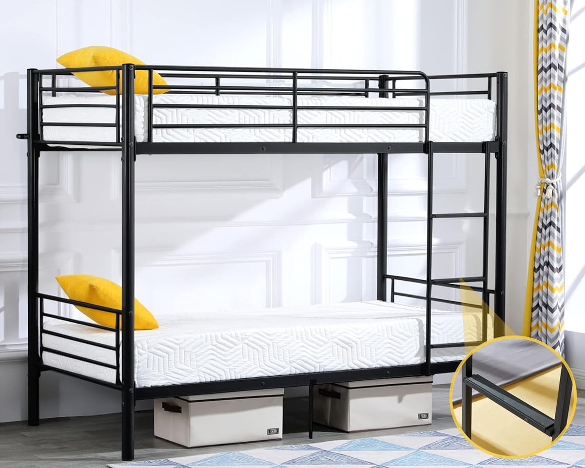 Bonnlo Bunk Bed Twin Over Twin for Kids/Teens/Adults Heavy Duty 2 Decker Bed with Flat Ladder and 13 inches High Guardrail, Metal Space Saver Bed with Stairs, Black