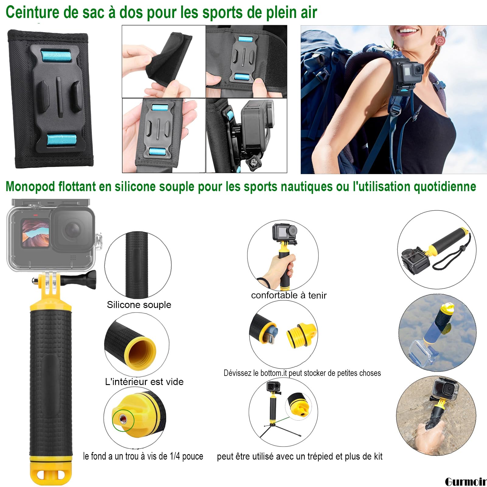Kit d'accessoires pour Gopro Hero 13 12 11 10 9 Caméra, Kit d'accessoires avec Boîtier étanche Ceinture de Sac à Dos Montage de Guidon de vélo Paquet pour Gopro 13 12 11 10 9 Caméra(DT16)