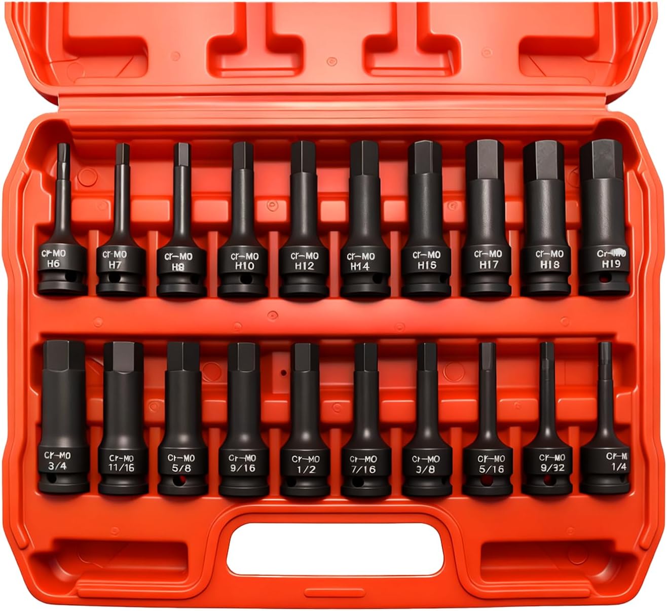 20-Piece 1/2" Drive Master Impact Hex Bit Set, Hex Driver Socket Set, Allen Bit Socket Set, SAE & Metric, (1/4" - 3/4", 6-19mm), Cr-Mo Steel