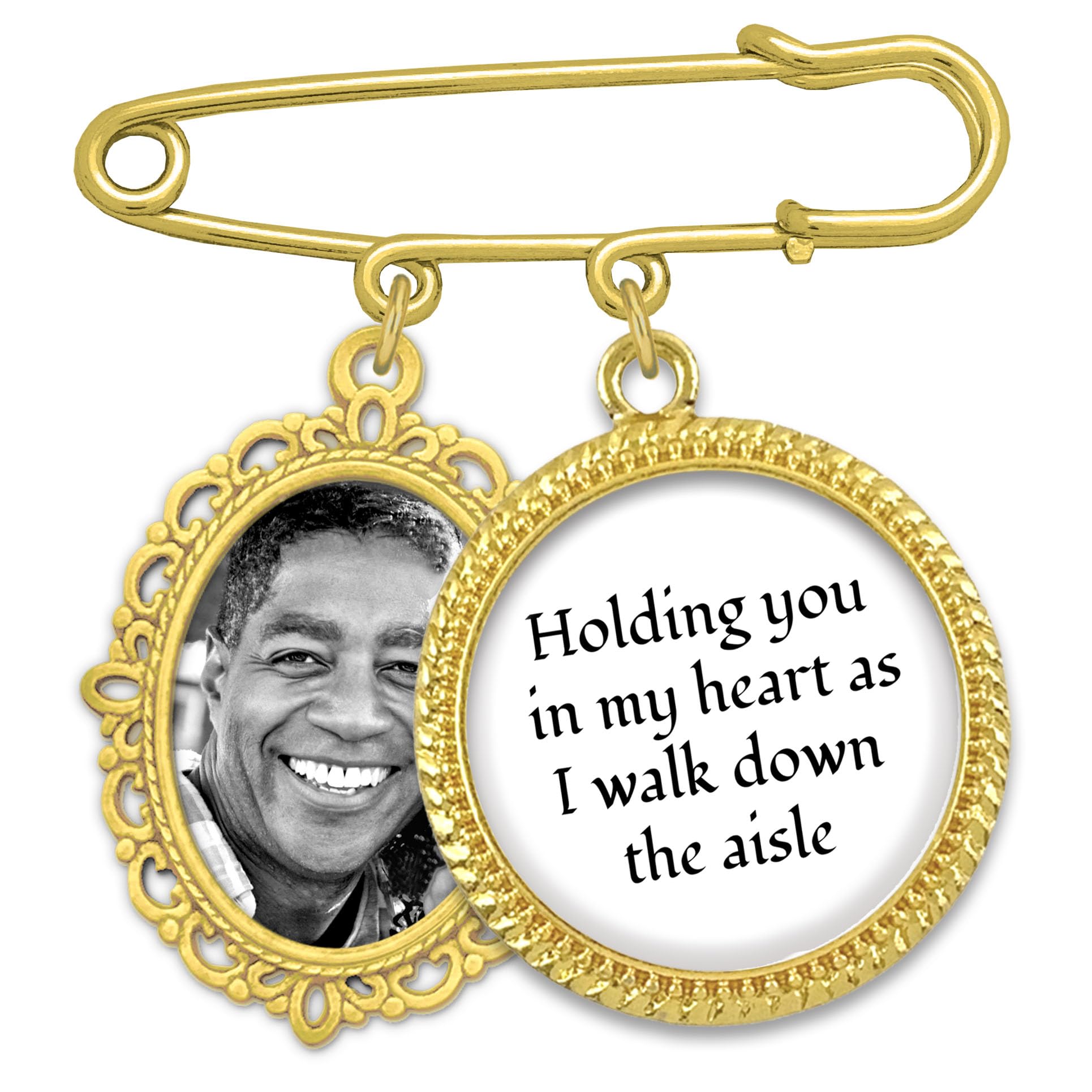 Gold Wedding Bouquet Memorial Photo Charm Pin Holding You in my Heart as I walk Down the Aisle Add Your Own Photo