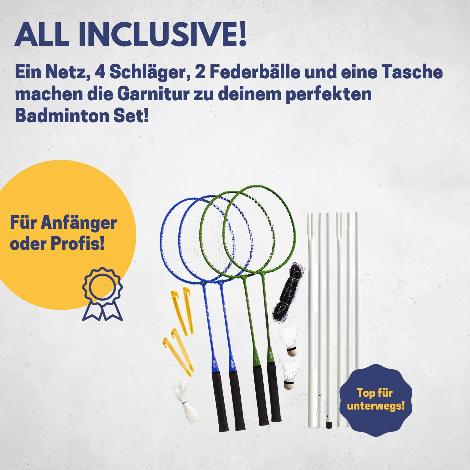 Best Sporting Set di volani per Adulti e Bambini, Composto da Rete, 4 Racchette, 2 Palline da Badminton e Borsa, Set volano per Bambini, Rete da Badminton e Racchette da Giardino