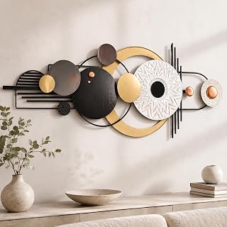Blissio Kreisrelief,150 x 56 cm,Wanddeko aus Metall,Weiß-Gold-Schwarz | Wanddeko Metall mit Rückseitigen Aufhängepunkten,3,4 kg,Quer Oder Hochkant Aufhängung,8 cm Wandabstand, mit Montageset