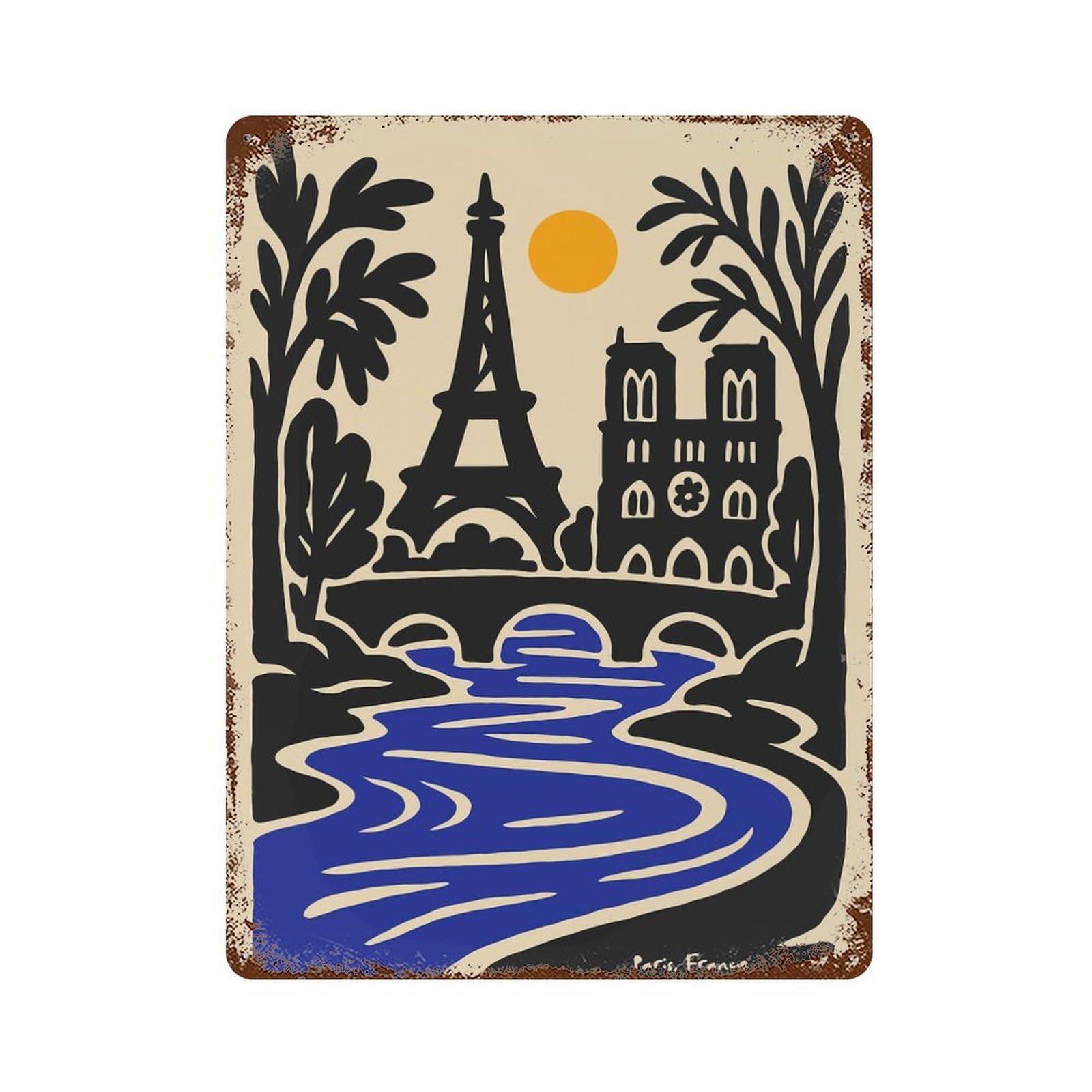Paris, France Illustration with Eiffel Tower Weathered Tin Sign 15.7"x11.8", Decorative Metal Wall Art for Garage, Bar And Workshop Decor