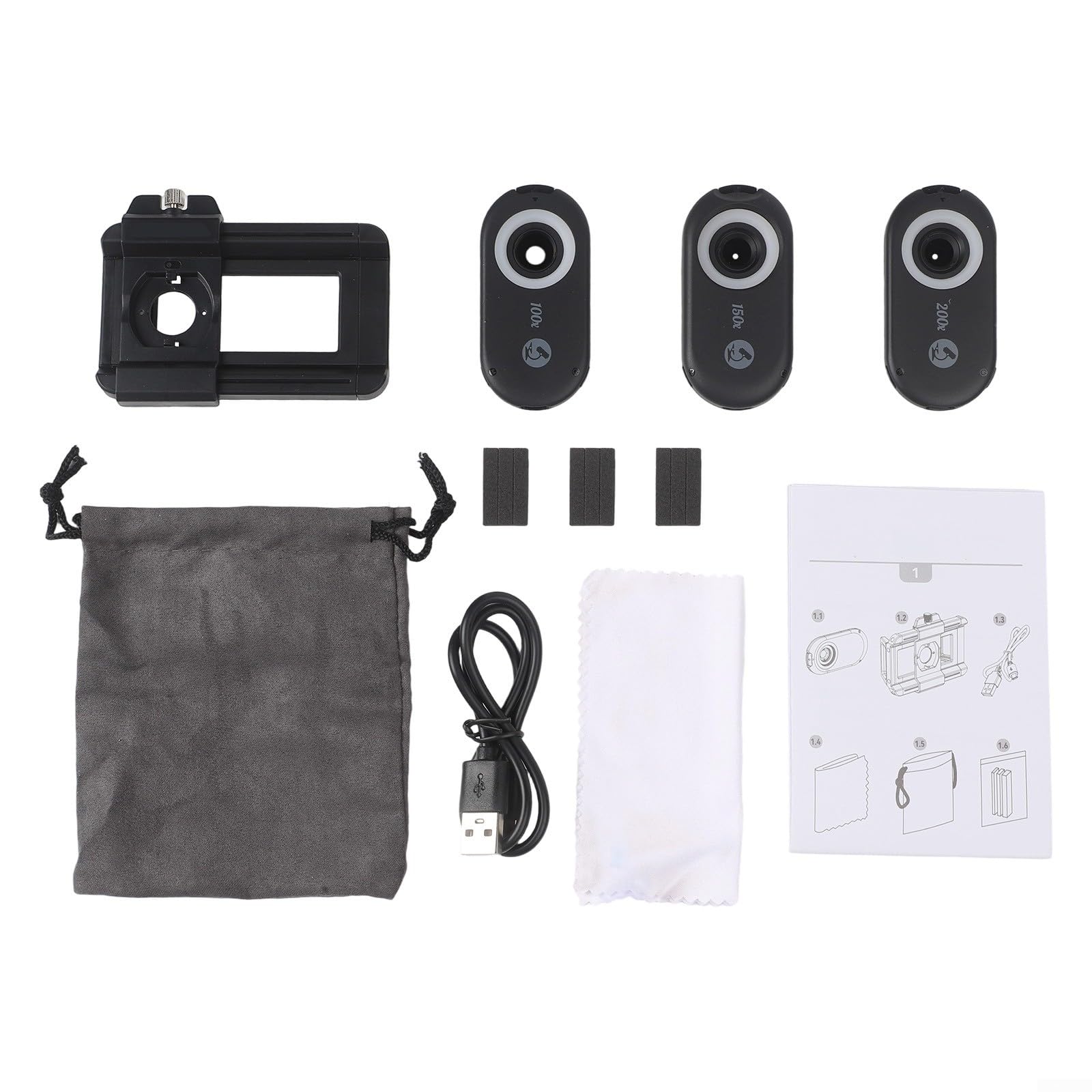 Lente del microscopio del teléfono móvil 200x con la luz UV del LED, aluminio 3-Mag Clip-On Macro para la inspección de reliquias de la joyería Negro