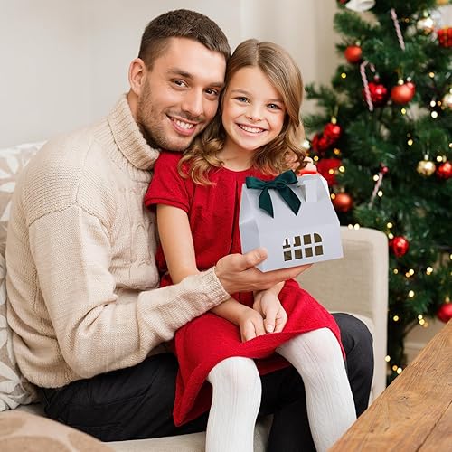 Miniatura 6 de Cholemy 36 cajas de regalo en forma de casa con lazo, 4.9 x 4.9 x 4.9 pulgadas, caja de regalo de papel en forma de casa para dulces, postres,