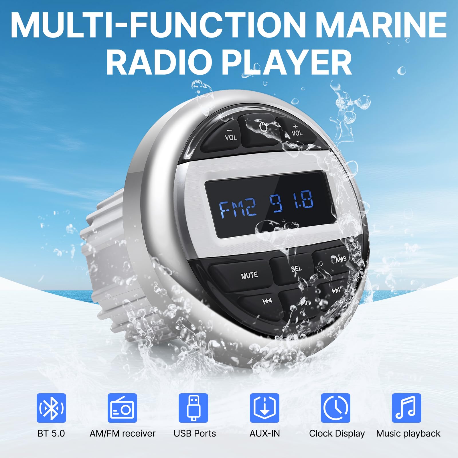 Marine Stereo Radio Bateau Système avec 2 Haut Parleurs, MP3 Player AM/FM Radio imperméable für Boote, Yachten Marineboote, BT5.0 Verbindung