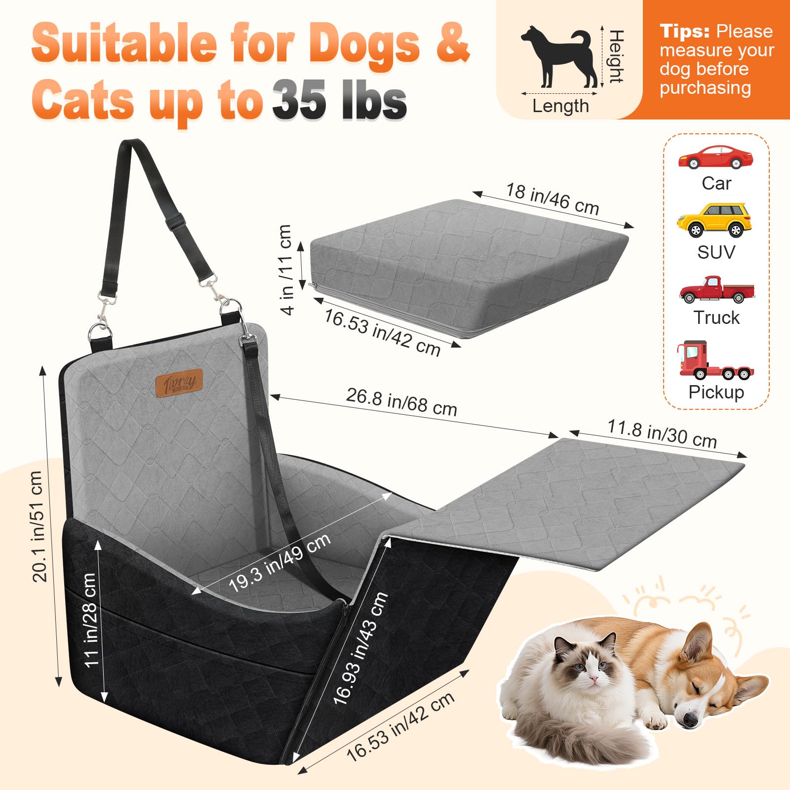 Seggiolino Auto Rialzato per Cani, Sedile Auto per Cani Piccoli e Medi fino a 16kg, Cuscino in Schiuma Lavabile, 3 Cinture di Sicurezza e 2 Tasche Portaoggetti, Nero & Grigio