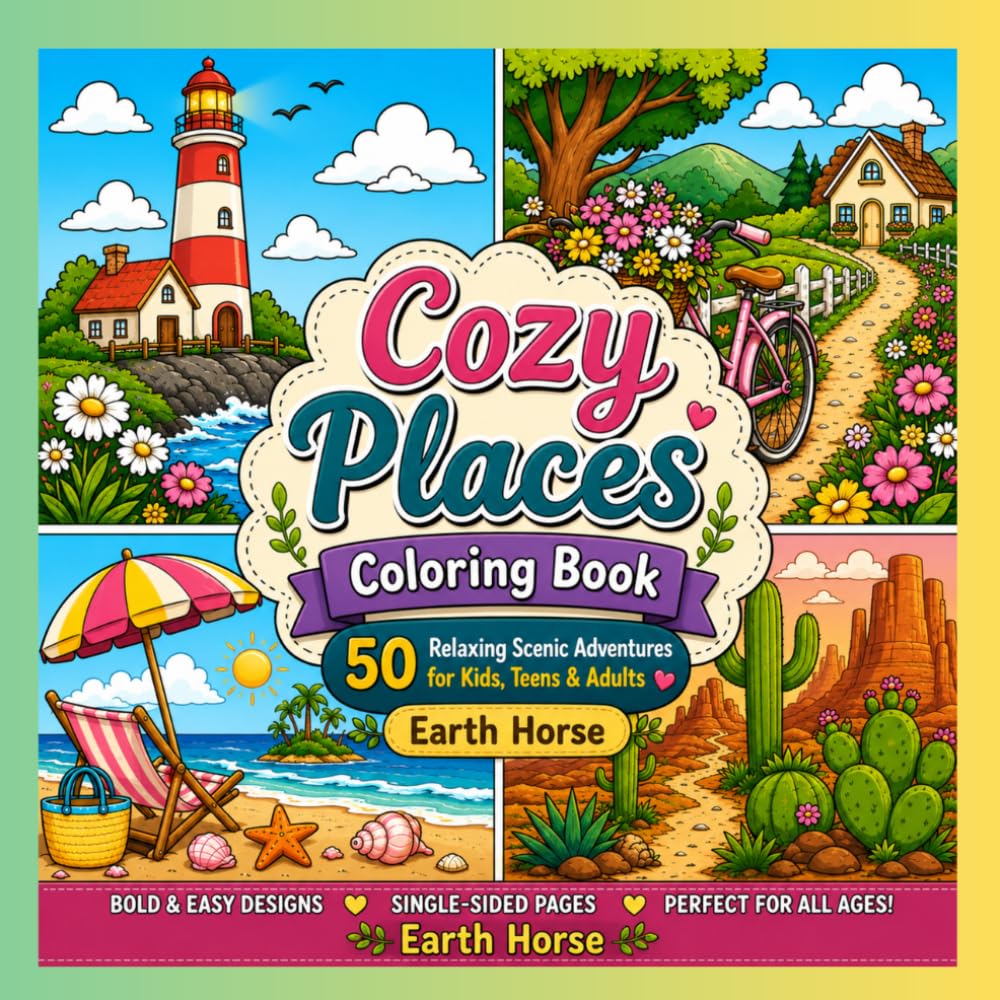 Cozy Places Coloring Book: 50 Relaxing Scenic Adventures for Kids, Teens & Adults